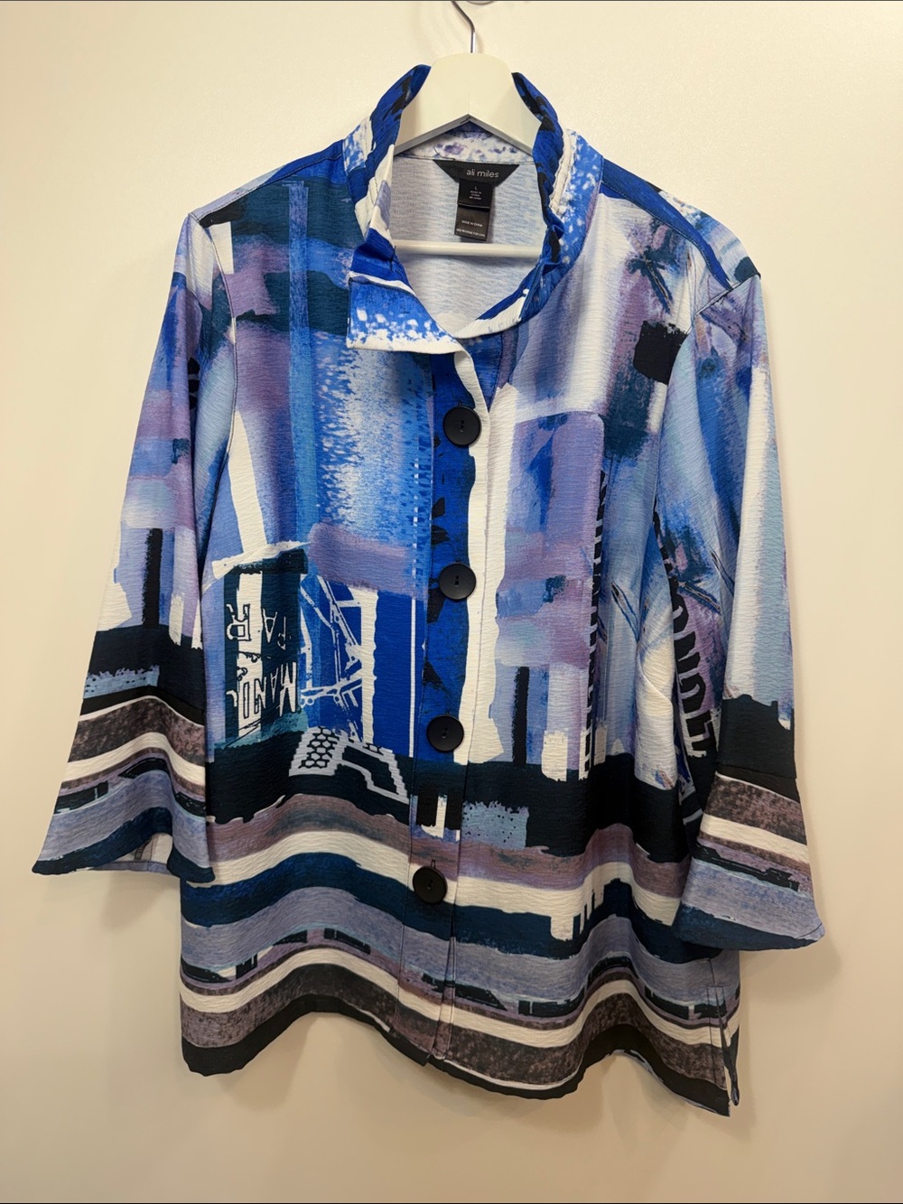 Ali Miles geometric print 3/4 sleeves shirt jacket blue purple size large.